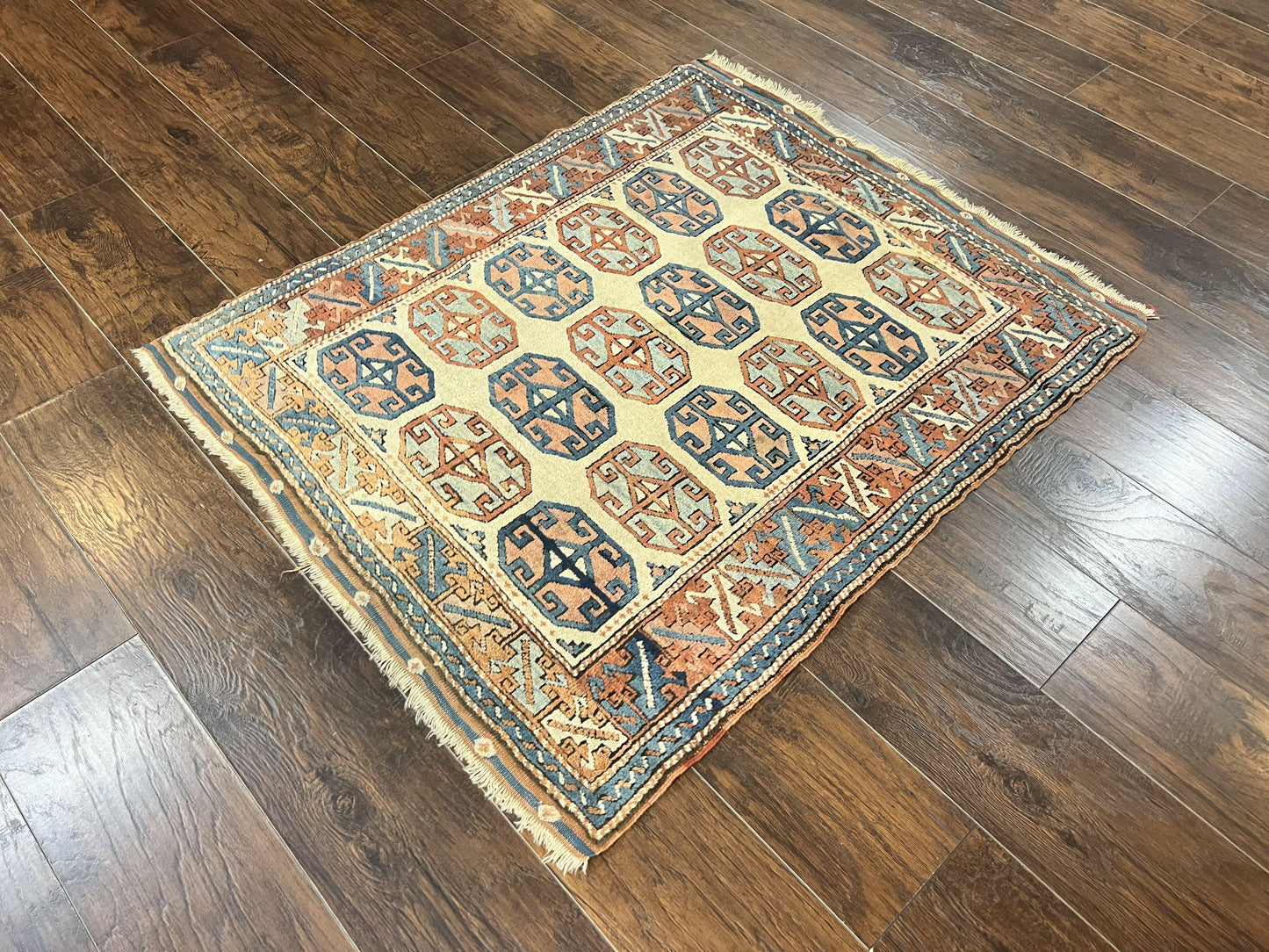 Turkish Kazak Rug 3x4, Wool Hand Knotted Handmade Vintage Carpet, Geometric Tribal Repeated Motif, Small 3 x 4 Antique Rug, Cream Red