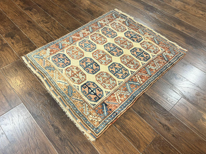 Turkish Kazak Rug 3x4, Wool Hand Knotted Handmade Vintage Carpet, Geometric Tribal Repeated Motif, Small 3 x 4 Antique Rug, Cream Red