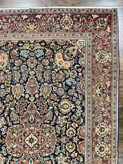 Persian Kashan Rug 4x7, Floral Medallion Vintage Handmade Hand Knotted Navy Blue & Red Wool Oriental Carpet, Highly Detailed Semi Antique Rug