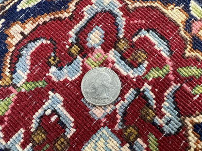 Persian Rug 7x10, Kirman Oriental Carpet 7 x 10 ft, Hand Knotted Wool Floral Medallion Semi Antique Persian Rug, Dark Red Light Blue Vintage