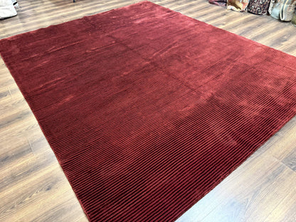 Modern Tibetan Rug 8x10, Red, Stripes, Handmade Wool Thick Pile Carpet