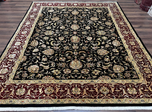 Indo Persian Rug 8x10, Black and Maroon Floral Allover Wool and Silk Oriental Carpet 8 x 10 ft, Hand Knotted Traditional Vintage Room Sized