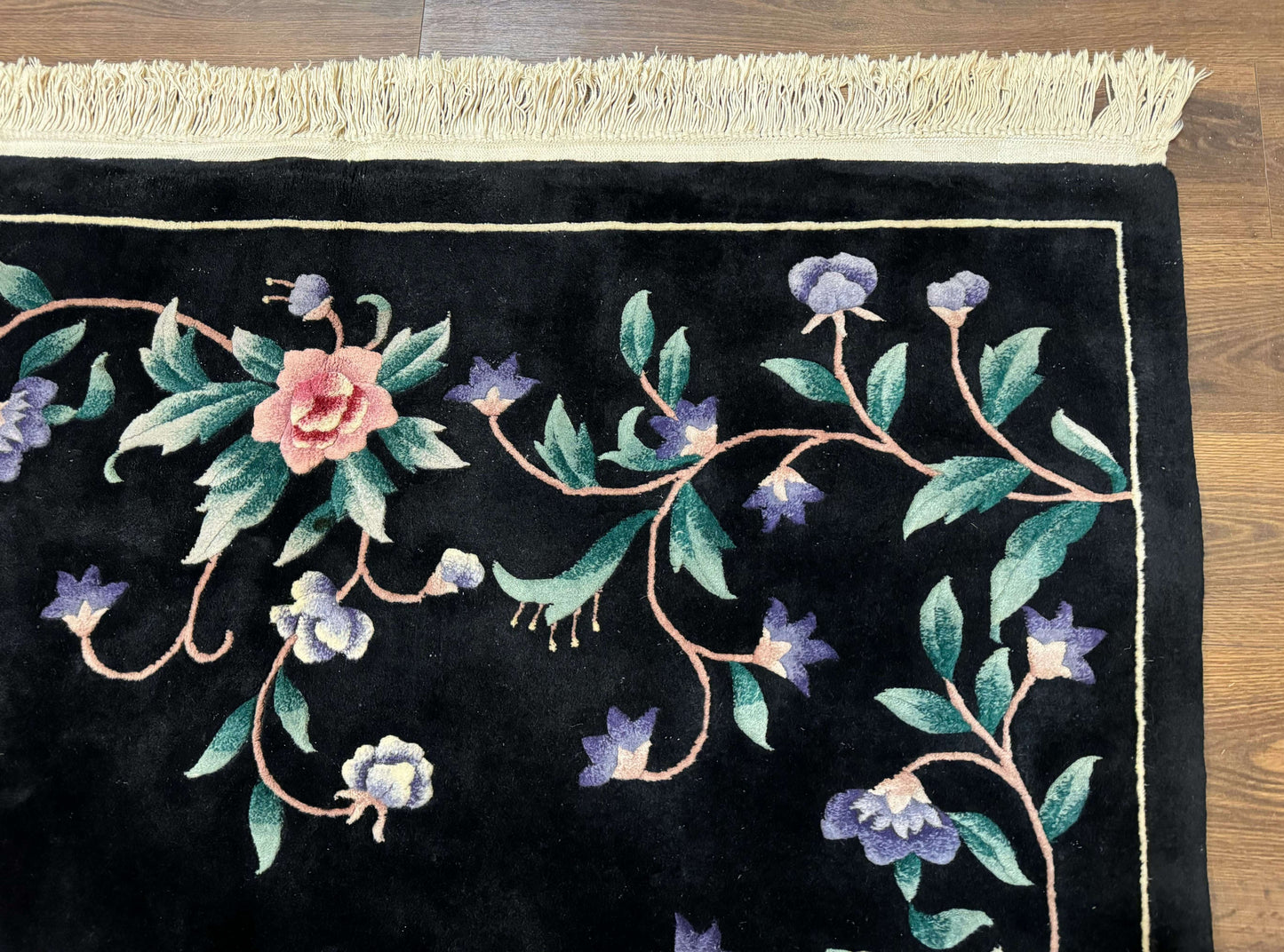 Chinese Wool Rug 6x9, Black, Floral, Minimal Design, 90 Line Carpet, Vintage Art Deco Rug