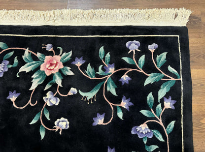 Chinese Wool Rug 6x9, Black, Floral, Minimal Design, 90 Line Carpet, Vintage Art Deco Rug