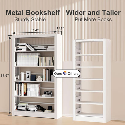 5-Tier White Metal Bookshelf With Adjustable Shelves