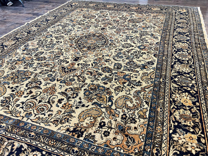 Antique Persian Rug 9x11, Wool Handmade 1920s Oriental Carpet, Persian Hamadan Anjelas Rug, Cream Black, Floral Allover Oriental Rug 9 x 11 Room Sized Rug