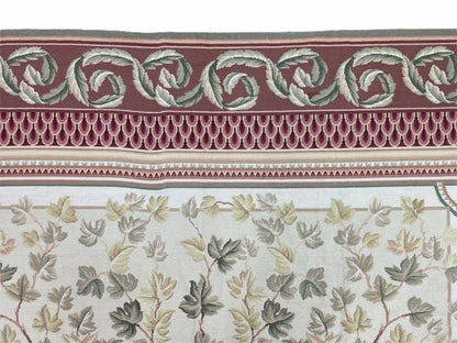 Traditional Aubusson Needlepoint Rug 9 x 12, Flowers, Flatweave Carpet, Hand-Knotted, Brand New, Cream Color, Green, Maroon Red, Wool