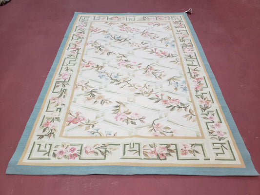 Vintage Aubusson Area Rug, Aubusson Flat weave Carpet, Floral Geometric Pattern, Beige Teal Green, 4x6 Rug, European Design