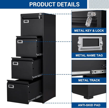 Lockable 4 Drawer Vertical File Cabinet Black Metal For Home Office