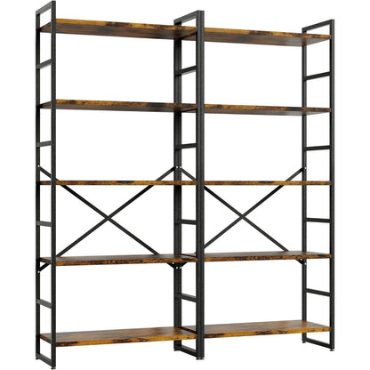 Pair Of 5 Shelf Bookcases Rustic Brown Industrial Tall