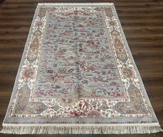 Turkish Silk Rug 5x7, Hunting Design, Animal Pictorials, Bamboo Silk