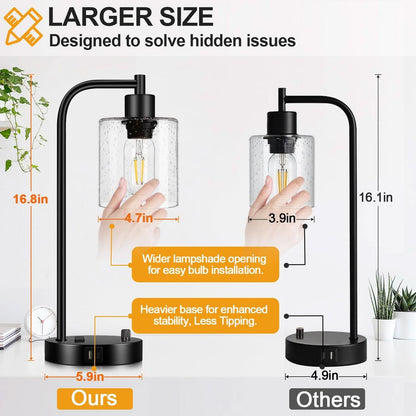 Set Of 2 Industrial Table Lamps With USB Ports And Stepless Dimming