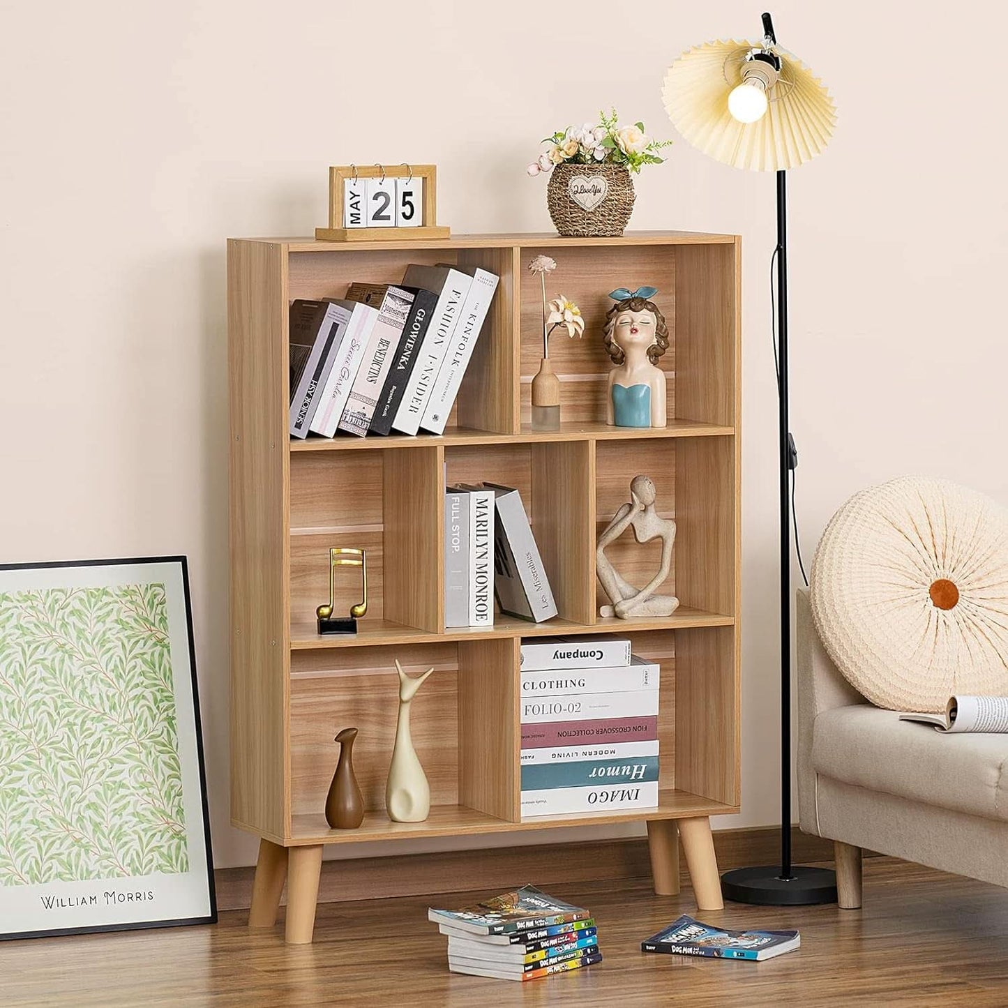 Wooden 7 Cube Bookshelf Natural Finish 3 Tier Freestanding