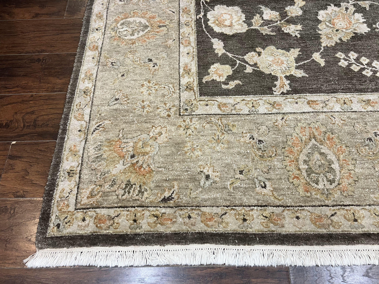 Indo Persian Rug 9x12, Sultanabad Indian Carpet, Dark Brown, Hand Knotted Vintage Wool Rug