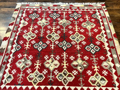 Indian Kilim Rug 6x6, Square Kilim Flatweave Carpet, Vintage Handmade Wool Rug, Red