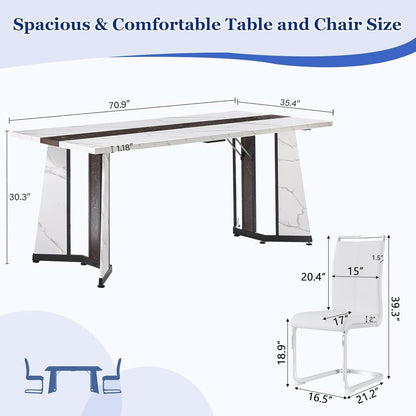Dining Table Set For Six Seventy One Inch White Marble Top Leather Chairs