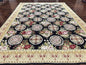 9x12 Black Needlepoint Rug, European Floral Panel Design, Handwoven, Vintage Chinese Needlepoint, Black Green Beige, Wool Rug 9 x 12