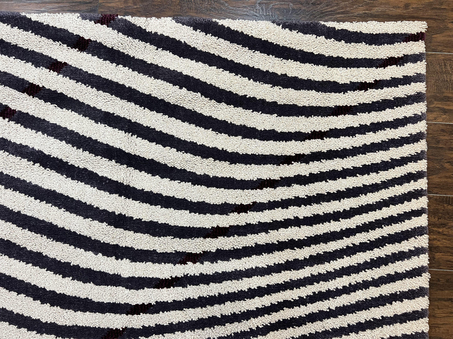 Vintage Zebra Stripes Shag Rug 5.7 x 7.4, Black and White, Retro, Wool