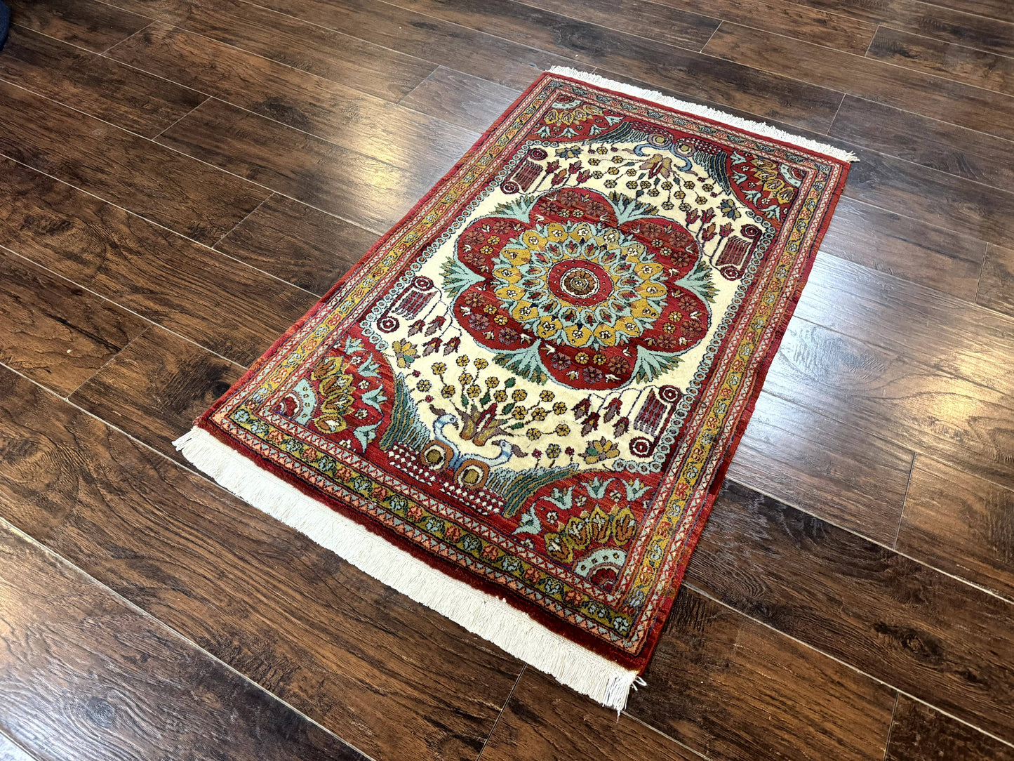 Persian Bijar Rug 2.6 x 4, Antique Carpet, Brick Red and Ivory