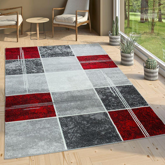 Checked Area Rug Marble Effect Modern Grey Red