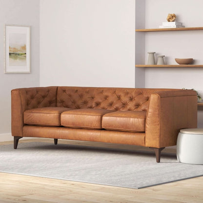 Cognac Tan Leather Sofa with Tufted Back Design