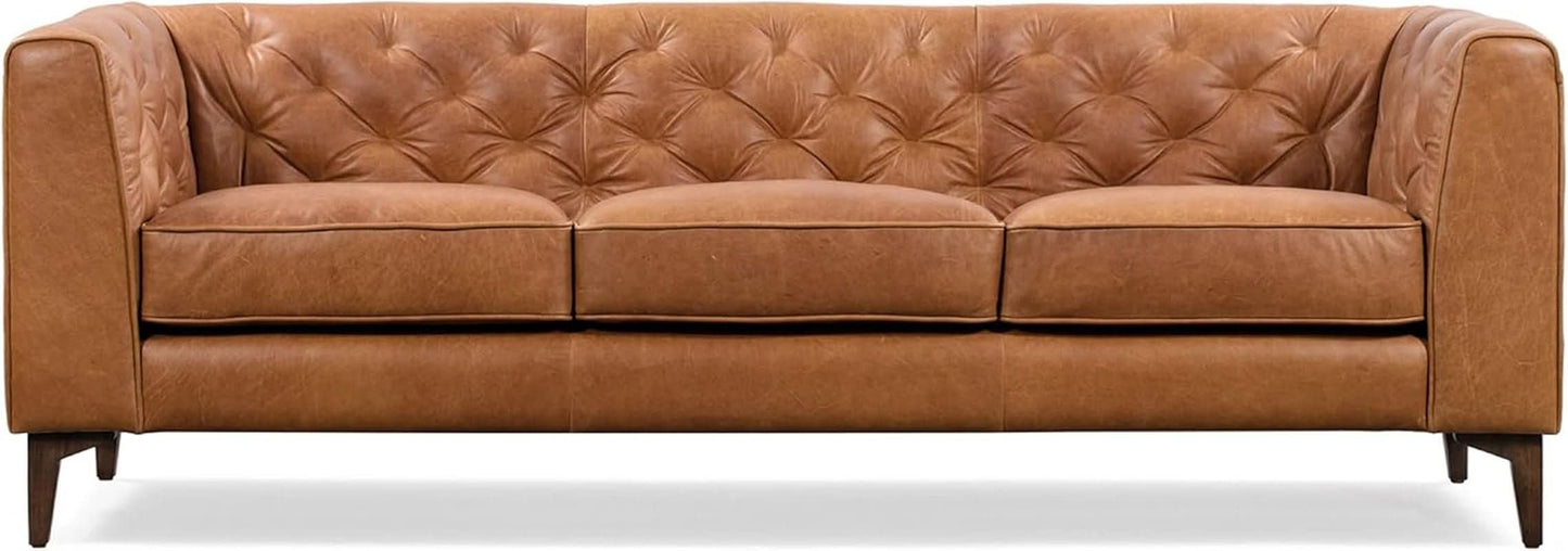 Cognac Tan Leather Sofa with Tufted Back Design