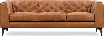 Cognac Tan Leather Sofa with Tufted Back Design