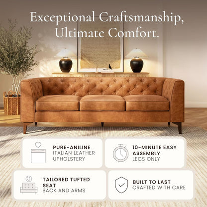 Cognac Tan Leather Sofa with Tufted Back Design
