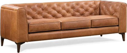 Cognac Tan Leather Sofa with Tufted Back Design