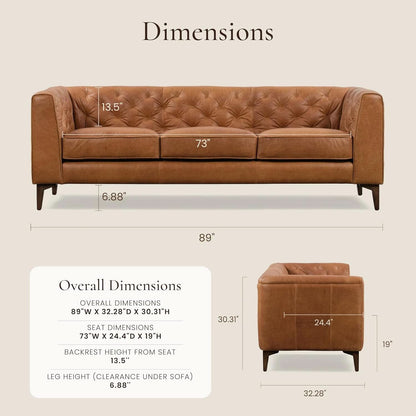 Cognac Tan Leather Sofa with Tufted Back Design