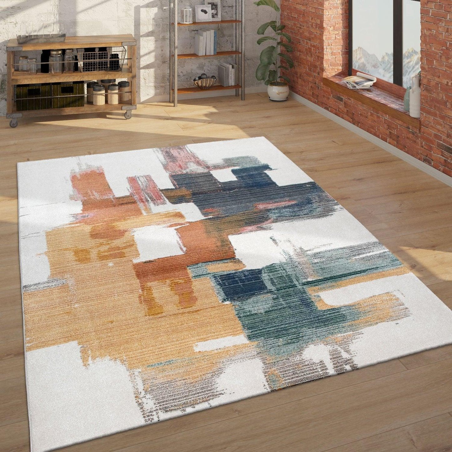 Colorful Area Rug Modern Art 3D Effect Cream, Blue, Yellow