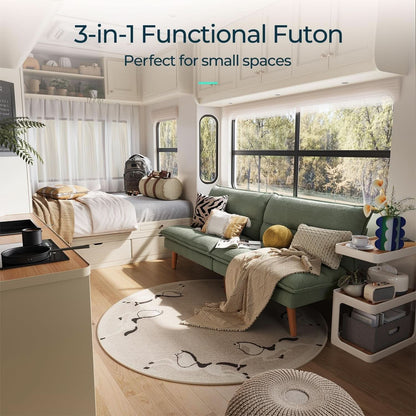 Comfortable Green Futon Sofa Bed with Adjustable Backrest