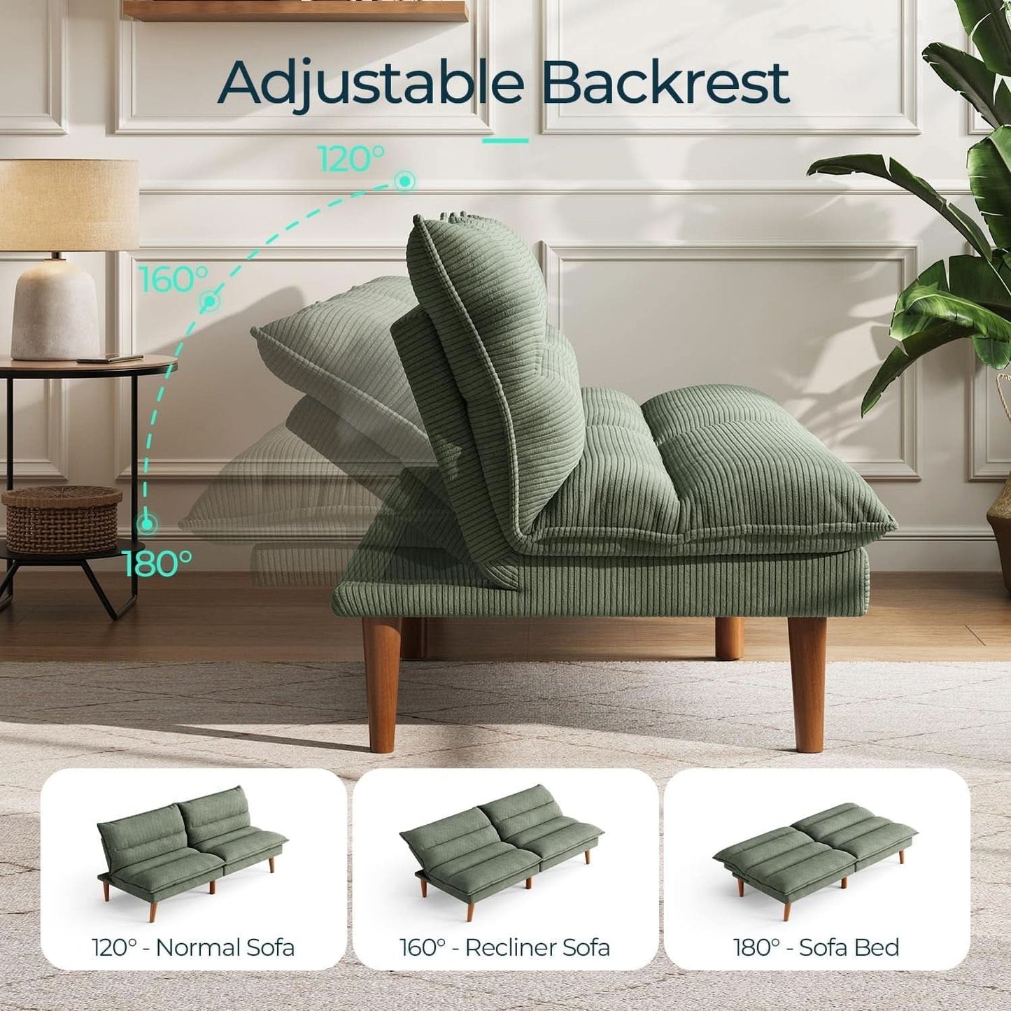 Comfortable Green Futon Sofa Bed with Adjustable Backrest
