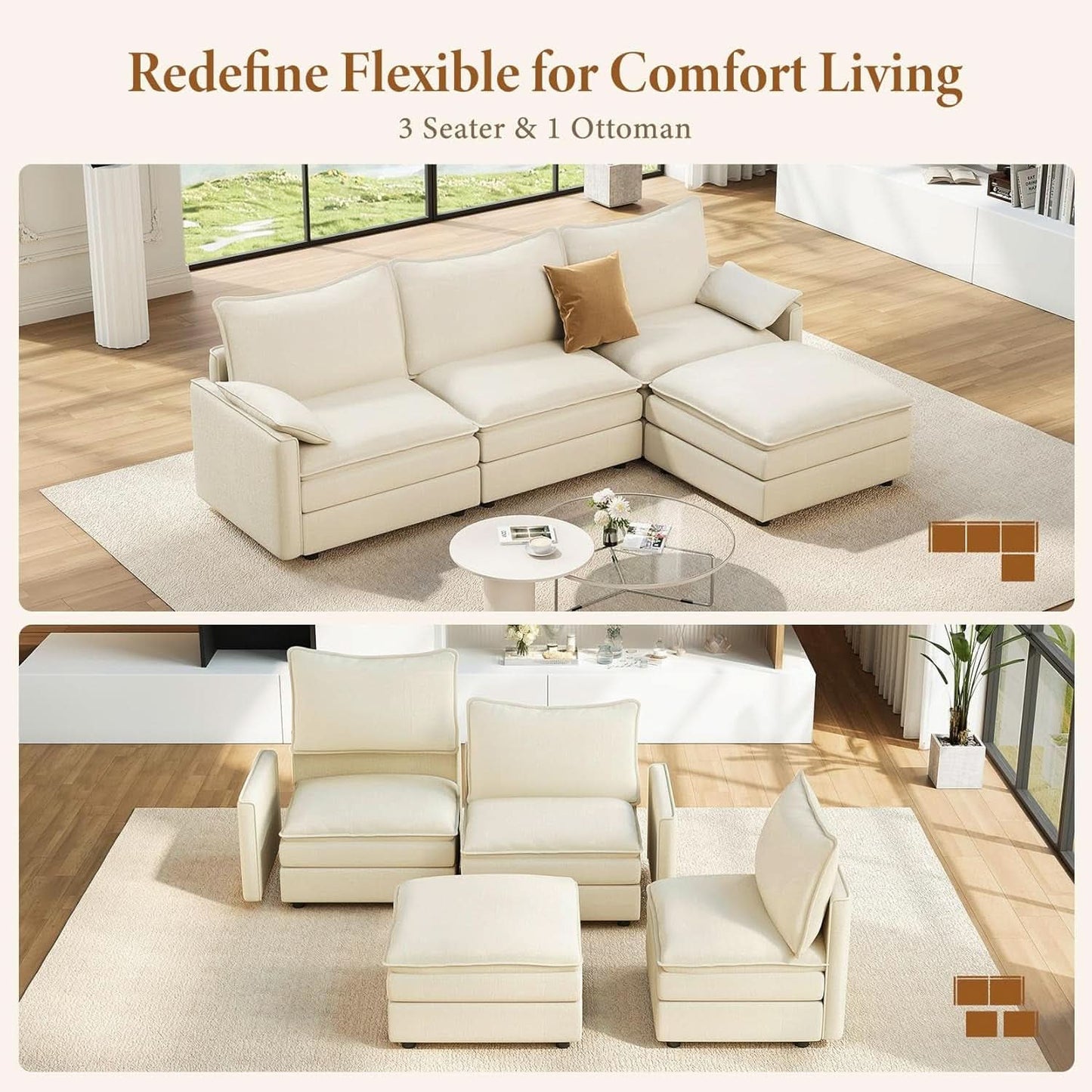 Comfy 108 Inch Modular Sectional Sofa With Ottoman