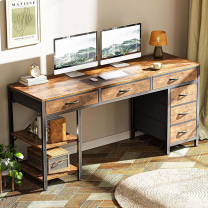 54 Inch Corner Computer Desk With 6 Drawers And Shelves Rustic Brown