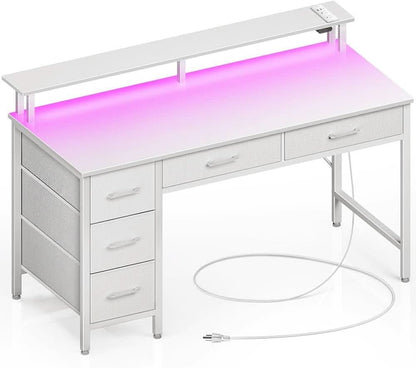 Computer Desk with Power Outlets and LED Light