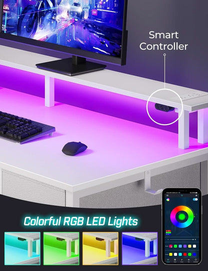 Computer Desk with Power Outlets and LED Light