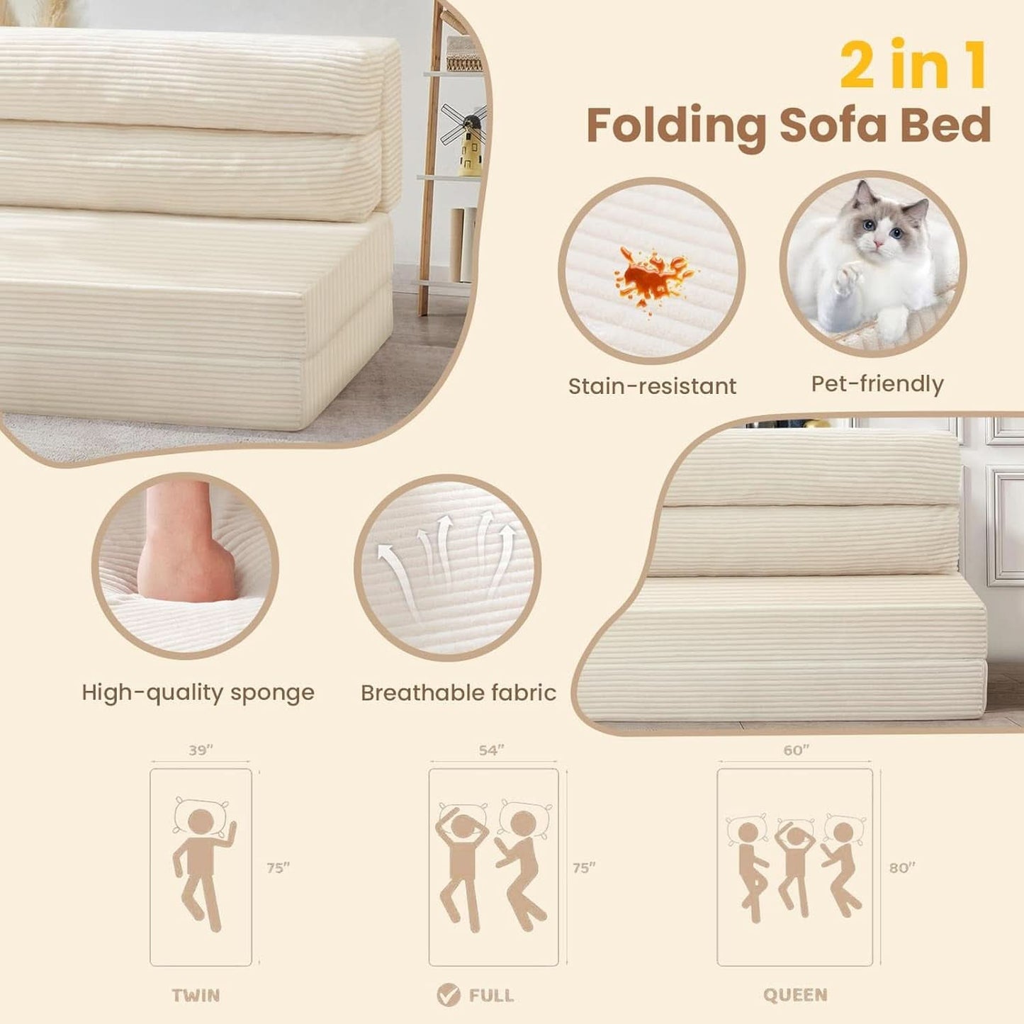Convertible Folding Sofa Bed with Pillow and Mattress