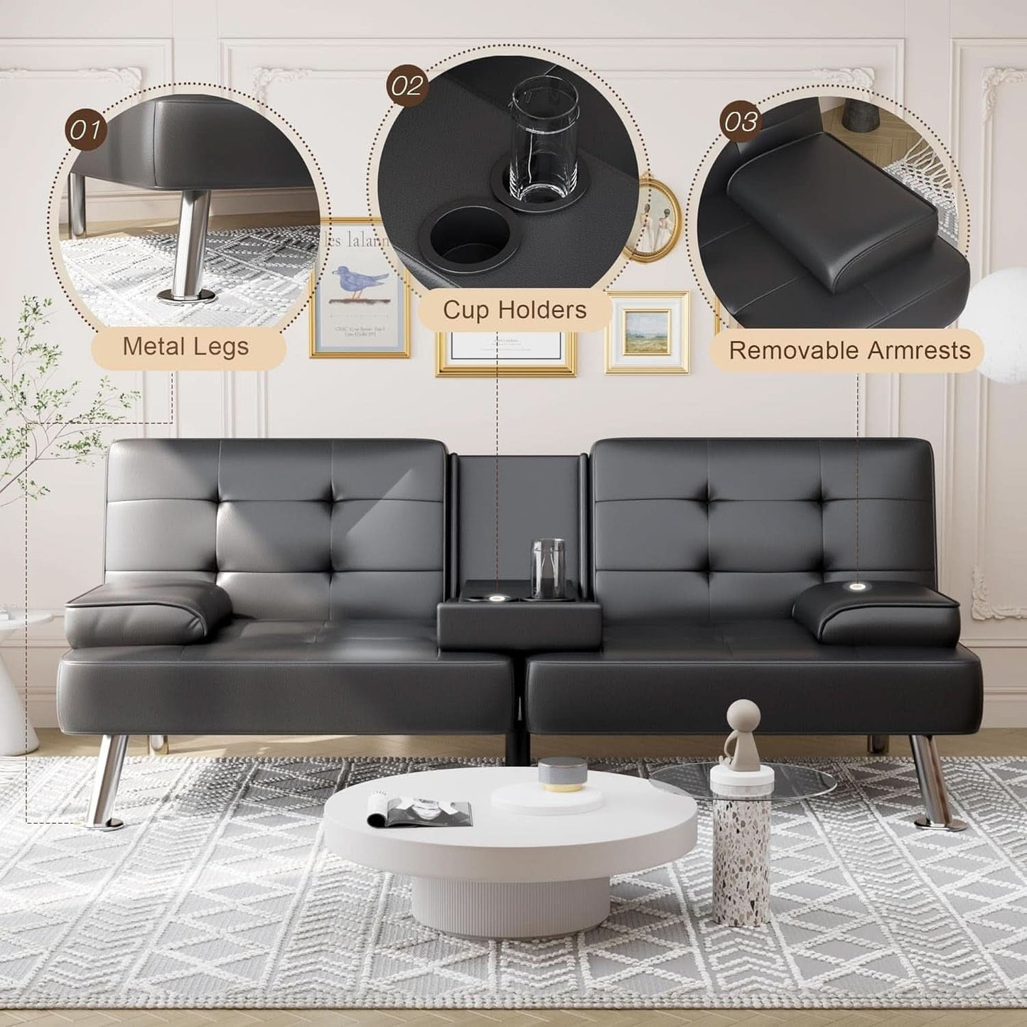 Convertible Futon Sofa Bed with Adjustable Backrest and Cup Holders