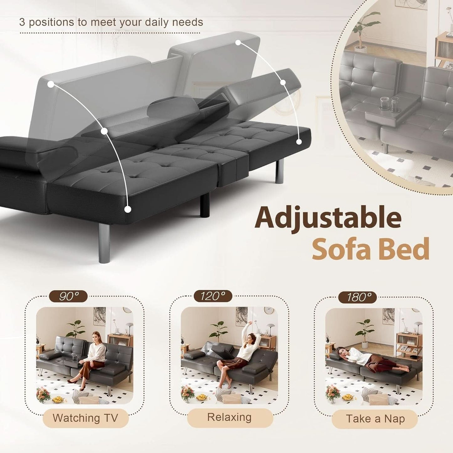 Convertible Futon Sofa Bed with Adjustable Backrest and Cup Holders