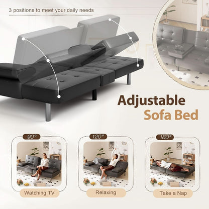 Convertible Futon Sofa Bed with Adjustable Backrest and Cup Holders