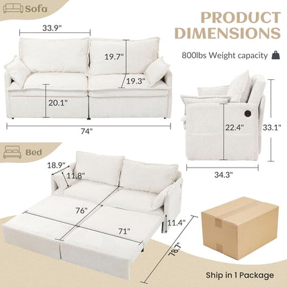 Convertible King Sofa Bed with USB Charging and Pockets