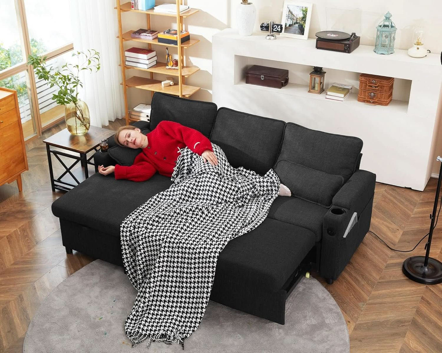 Convertible Sofa Bed with Storage and Cup Holder