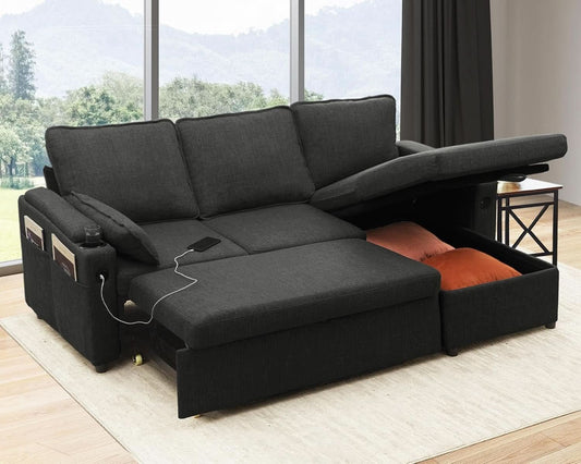 Convertible Sofa Bed with Storage and Cup Holder