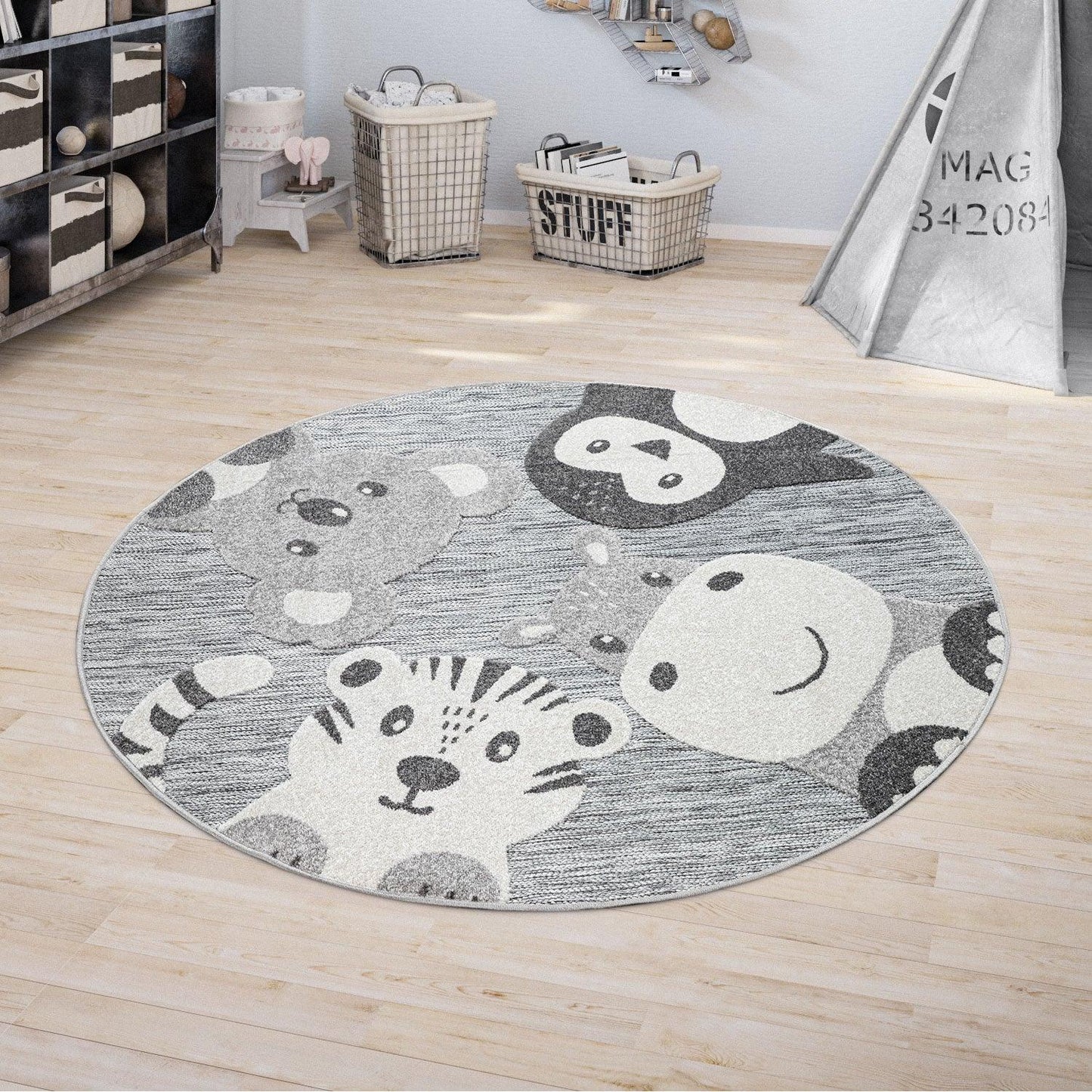 Round Kids Rug Lilo Cute Zoo Animals - Grey