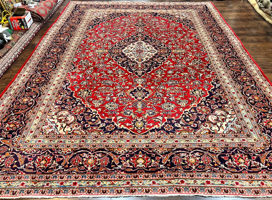 Persian Kashan Rug 10x13, Floral Medallion, Traditional Area Rug, Red Navy Blue Ivory, Handmade Semi Antique Vintage Wool Oriental Carpet 10 x 13
