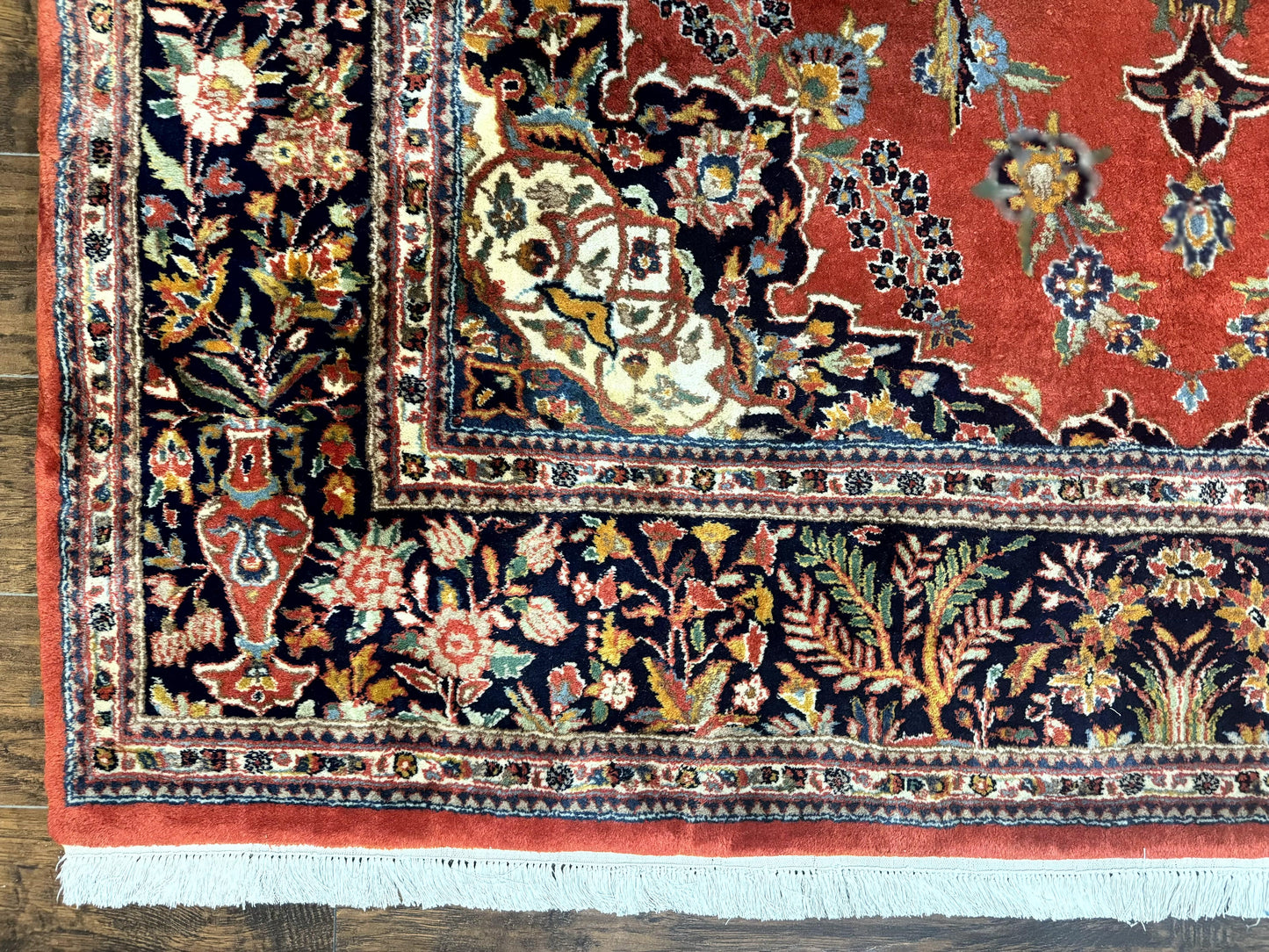 Indo Persian Rug 7x10, Vintage Handmade Wool Carpet, Floral Medallion Traditional Rug, Red and Midnight Blue