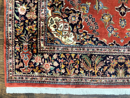 Indo Persian Rug 7x10, Vintage Handmade Wool Carpet, Floral Medallion Traditional Rug, Red and Midnight Blue