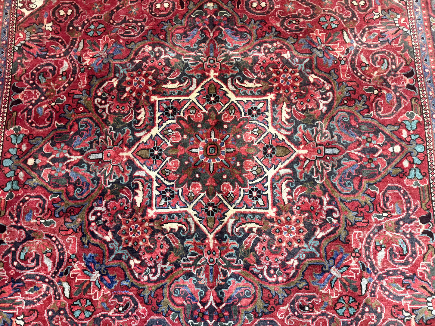 Persian Heriz Rug 7x10, Red and Navy, Geometric Medallion, Vintage Wool Carpet