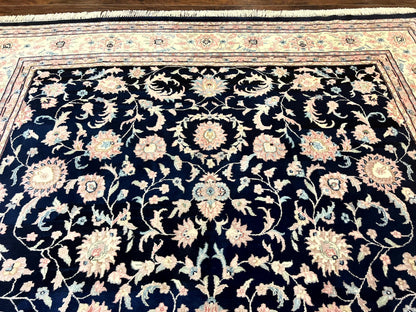 Indo Persian Rug 9x12, Navy Blue and Ivory/Cream, Floral Allover, Wool Vintage Handmade Carpet